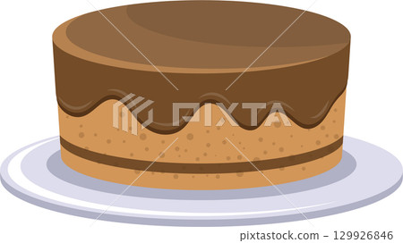 A delicious-looking brown cake with chocolate frosting on a simple white plate. Dessert treat. A delicious-looking brown cake with chocolate frosting on a simple white plate. Dessert treat. 129926846