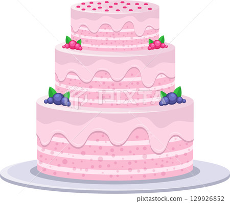 A charming three-tiered cake, decorated with pink frosting and fresh berries, displayed on a stand. A charming three-tiered cake, decorated with pink frosting and fresh berries, displayed on a stand. 129926852