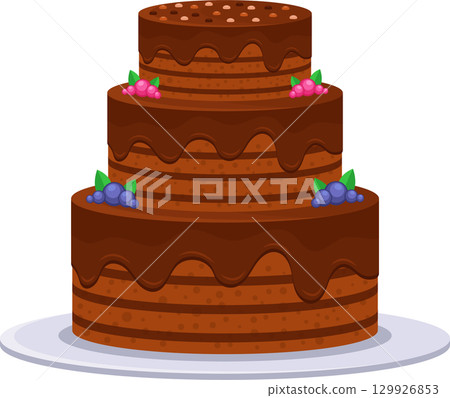 Three-tier chocolate cake with berries and dripping chocolate frosting on a white plate. Three-tier chocolate cake with berries and dripping chocolate frosting on a white plate. 129926853