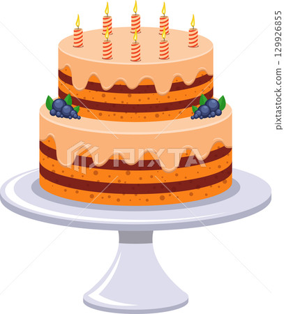 A delicious two-tiered cake with frosting, berries, and lit candles sitting on a cake stand. 129926855