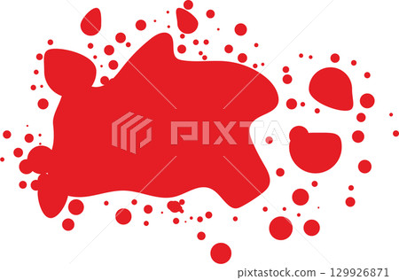 Abstract composition featuring red ink-like blobs and splatters set against a stark black backdrop. 129926871