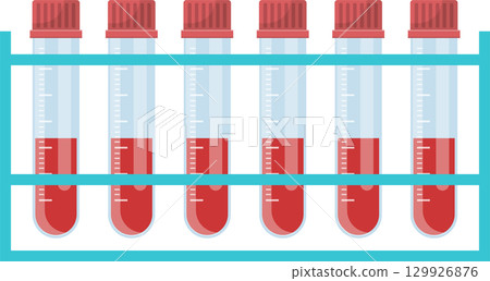 A row of blood samples in test tubes, held in a blue rack, used for lab testing and research. 129926876
