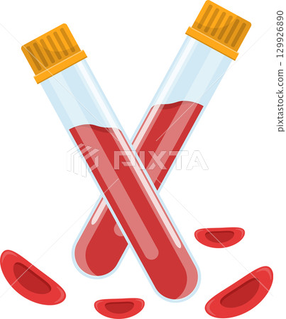 Blood samples in test tubes crossed over each other with blood cells surrounding them. 129926890