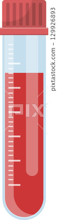 A translucent lab tube filled with red liquid, showing a side with measurement indicators. 129926893