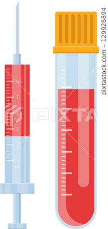 Medical syringe and test tube filled with red liquid on black backdrop, healthcare concept. Medical syringe and test tube filled with red liquid on black backdrop, healthcare concept. 129926894