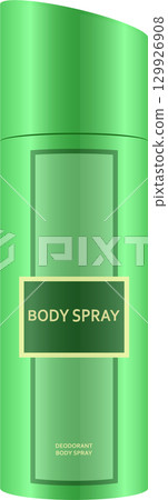 A vectorized depiction of a sleek, green body spray or deodorant container with label designs. A vectorized depiction of a sleek, green body spray or deodorant container with label designs. 129926908