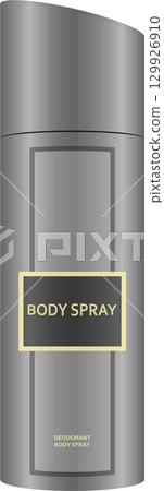 A sleek, gray aerosol can of body spray is centered, featuring minimalist design and clean lines. 129926910