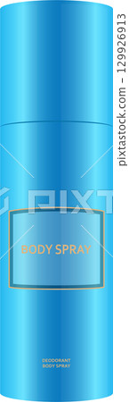 A blue aerosol can with text denoting it as a body spray, featuring an abstract background. A blue aerosol can with text denoting it as a body spray, featuring an abstract background. 129926913