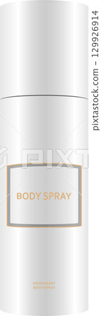 A tall, cylindrical body spray can with a label that says "BODY SPRAY" on it in golden letters 129926914