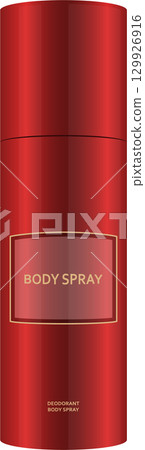 A red canister of body spray, designed with a label and minimalist aesthetic for personal hygiene. 129926916