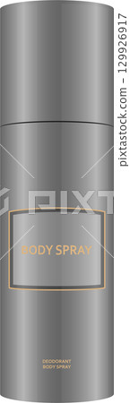 Metallic gray aerosol can with a simple label that reads 'BODY SPRAY', used for personal hygiene. 129926917