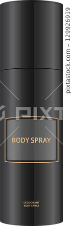 A sleek, dark gray aerosol can with a rectangular label displaying the text "BODY SPRAY" prominently. A sleek, dark gray aerosol can with a rectangular label displaying the text "BODY SPRAY" prominently. 129926919