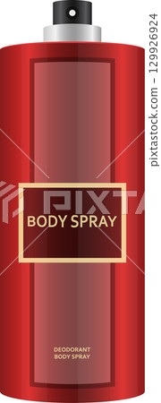 A red and burgundy body spray canister with a metallic cap and black nozzle, suitable for hygiene. 129926924