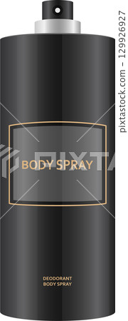 Sleek black body spray can with spray nozzle on top and text saying "Body Spray" and "Deodorant". Sleek black body spray can with spray nozzle on top and text saying "Body Spray" and "Deodorant". 129926927