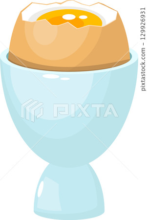 Cartoon depiction of a cooked egg with a cracked shell sitting in a light blue egg cup. Cartoon depiction of a cooked egg with a cracked shell sitting in a light blue egg cup. 129926931