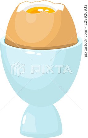 A boiled egg in a light blue egg cup with the top part of the shell removed exposing the yolk. 129926932