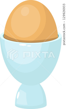 Stylized illustration of a single boiled egg served in a light blue egg cup on a black background. 129926933