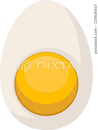 A cartoon halved egg with a bright yellow yolk surrounded by a white egg white background. 129926937