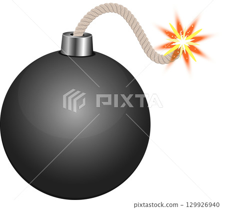 Cartoon style bomb with round body and lit fuse ready to explode on a black background. 129926940