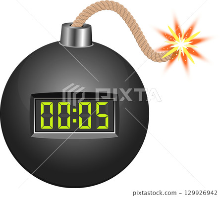 A spherical bomb with an active timer display and a lit fuse about to detonate in five seconds. A spherical bomb with an active timer display and a lit fuse about to detonate in five seconds. 129926942