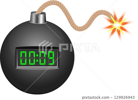 Round bomb with digital timer display and a lit fuse, cartoon style against a black background. 129926943
