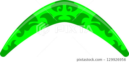 A vibrant green boomerang curves against a black background, showcasing abstract tribal designs. A vibrant green boomerang curves against a black background, showcasing abstract tribal designs. 129926956