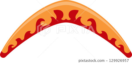 A brightly colored boomerang with a flame-like design that curves upwards, ready for flight A brightly colored boomerang with a flame-like design that curves upwards, ready for flight 129926957