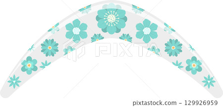 Floral boomerang: Pale gray boomerang adorned with turquoise blue floral designs, for outdoor play. 129926959