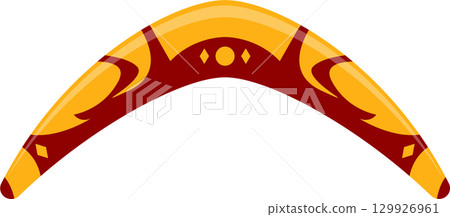 Curved wooden boomerang with geometric patterns in red and gold,isolated on a black background 129926961