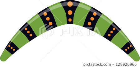 Boomerang: Curved wooden tool, green with dark stripes and orange dots, for recreational throwing. Boomerang: Curved wooden tool, green with dark stripes and orange dots, for recreational throwing. 129926966