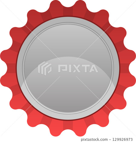 Red and silver bottle cap illustration with circular center and scalloped edge on black background. 129926973