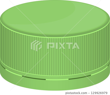 Close-up of a plastic, circular, light green cap with lines, likely used for a bottle or container. 129926979