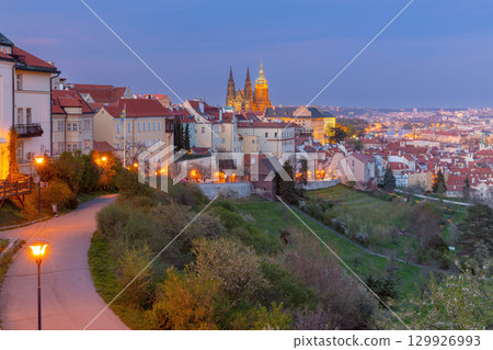 View of St Vitus Cathedral from Petrin Hill in Prague, Czech Republic 129926993