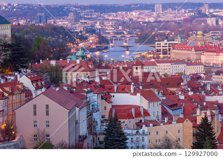 Vltava River and Old Town at Dusk in Prague, Czech Republic Vltava River and Old Town at Dusk in Prague, Czech Republic 129927000