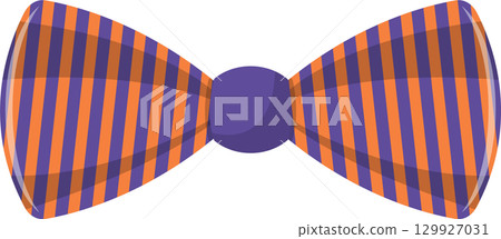 Halloween bow tie with orange and violet stripes and a violet center against a black background. 129927031