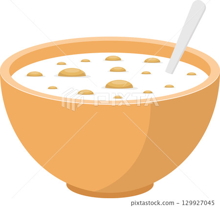 A bowl of cereal with a spoon, showcasing the simple breakfast meal in a cute style. 129927045