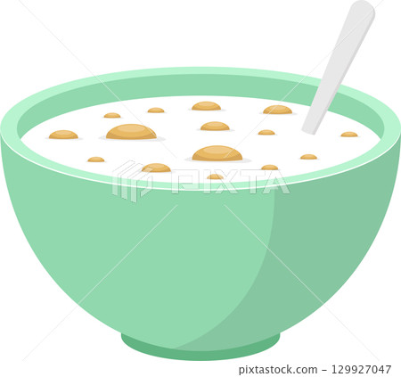 A delicious cartoon bowl of cereal with a spoon, light green bowl, cartoon illustration. 129927047