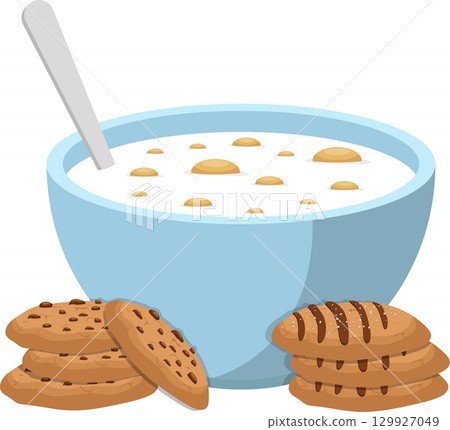 Cartoon rendering of a light blue bowl filled with cereal and stacked chocolate chip cookies. 129927049