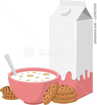 Bowl of cereal with milk carton and a stack of cookies perfect for breakfast or snack time. 129927050