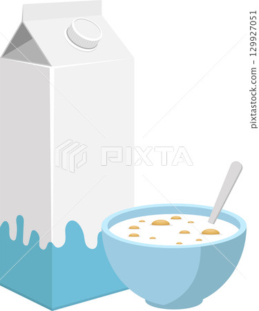 Breakfast scene with milk carton and bowl of cereal, suggesting a simple morning routine. Breakfast scene with milk carton and bowl of cereal, suggesting a simple morning routine. 129927051