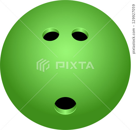 Green bowling ball with finger holes, ready for a strike, against a solid black background. 129927059