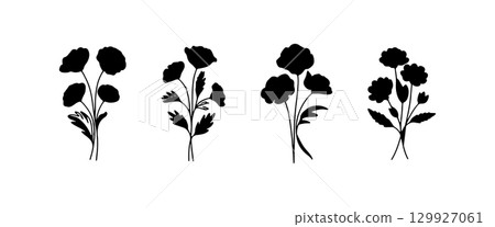 Floral silhouettes showcasing various styles of flower arrangements in black on a white background Floral silhouettes showcasing various styles of flower arrangements in black on a white background 129927061