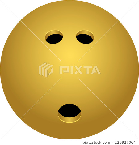 Golden bowling ball with three finger holes, isolated on a black background. Sports equipment. 129927064