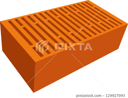 Close-up shot of a rectangular, orange brick with rectangular holes running through its top surface. Close-up shot of a rectangular, orange brick with rectangular holes running through its top surface. 129927093