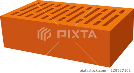 Isometric view of an orange rectangular brick with square perforations on its top surface. 129927101