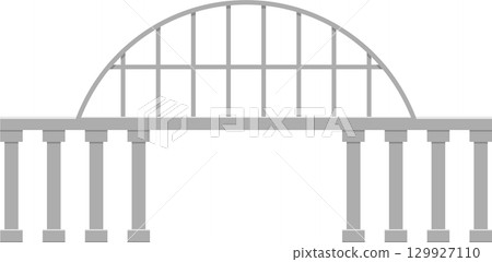 Gray architectural gate with arched top and column supports with a black background. 129927110