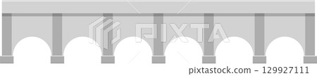 A gray bridge structure with six arched openings and supporting pillars on a light background. 129927111