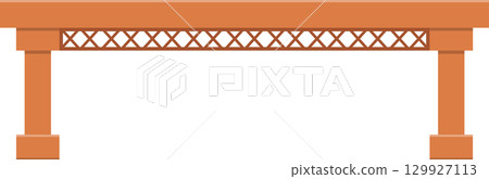 Wooden table with geometric lattice design under surface, supported by two simple pillars. 129927113