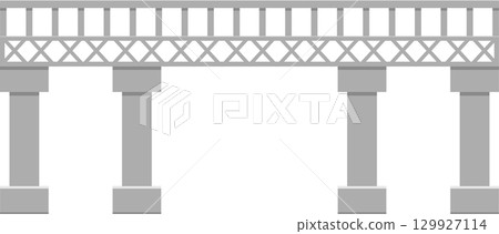 Gray architectural structure with lattice railing and columns on a black background. 129927114
