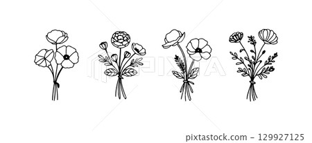 Beautiful floral illustrations featuring various flower arrangements in a minimalist style for decoration and design 129927125